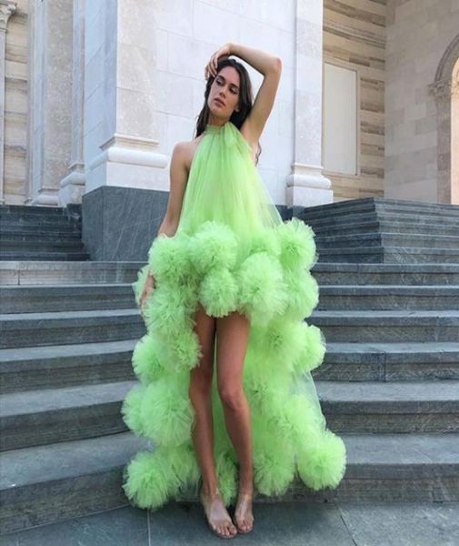 Vestidos de baile de tule verde assimétrico de pescoço alto 2020 Novo moda Hilo Flores artesanais Ruffle Ruffle Evening Party Vestes Shi8126142