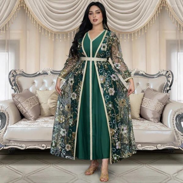 Etnik Giyim Mesh Pulu Nakış Açık Abaya Müslüman Kadın Kimono İç Elbise Set 2 Parça Türkiye Dubai Kaftan İslam Eid Partisi Jalabiya