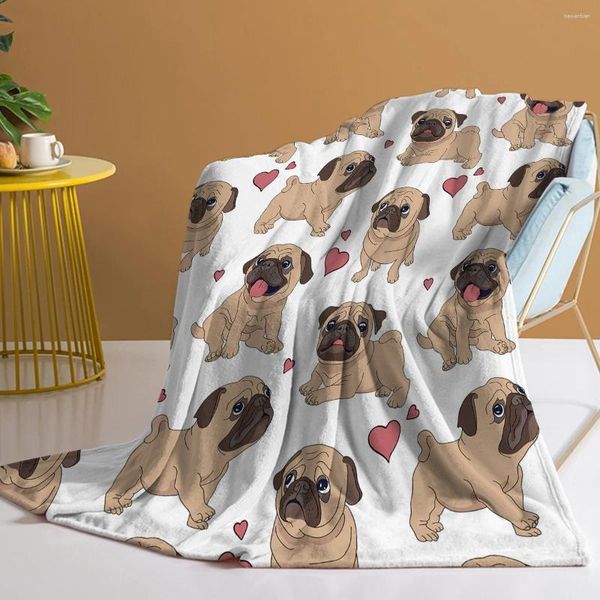 Coperte Pug Coperte per bambini adulti Cani carini con cuori rossi lanciano accogliente divano letto soggiorno