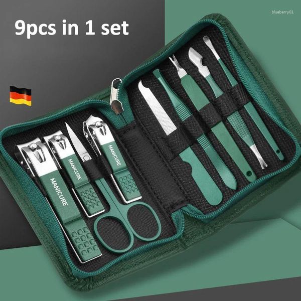 Kits de arte unhas de manicure verde 9 pcs com estojo de couro e ferramenta de cuidados com o rosto de face aço inoxidável Clipper Sets Gift Gift