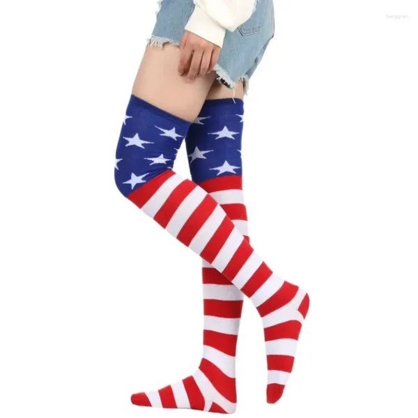 Donne calzini a strisce di coscia alte calze sopra sopra il ginocchio femminile femminile bandiera americana 2024 moda