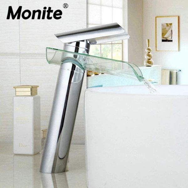 Rubinetti del lavandino da bagno monite cascata rubinetto in vetro lavabo lavatura miscelatore mazzo montato a manico singolo smalto cromata