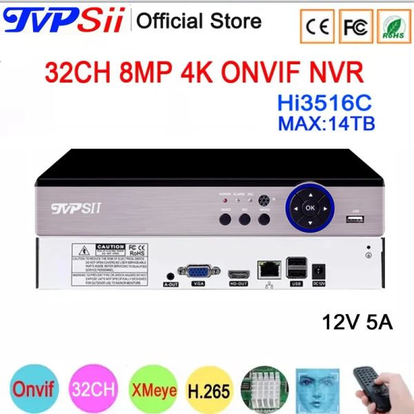 Gravador 12V 5A Silver HI3536C XMEYE Audio Video Video Recorder 8MP 4K 32CH 32 canal H.265+ Face Detect IP ONVIF WIFI NVR DVR