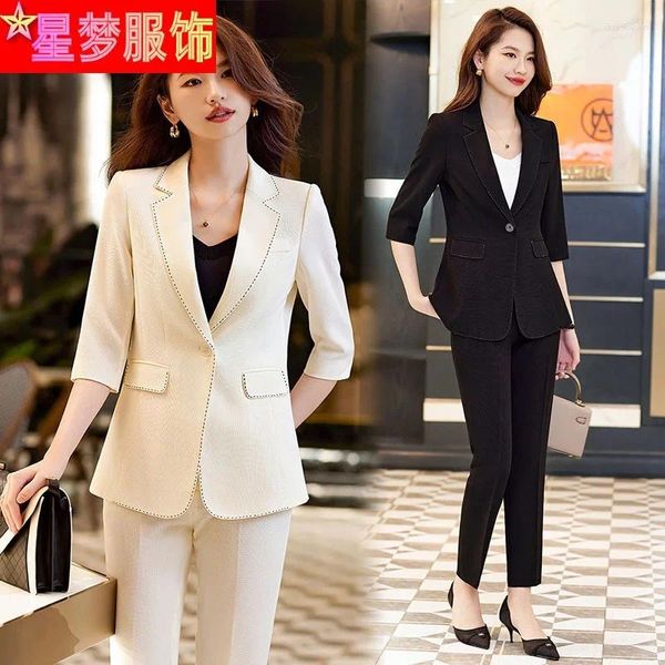 Calças de duas peças femininas Primavera 2024 Moda de manga Moda Moda Black Work Uniformes Office Lady Formal Wear Manager