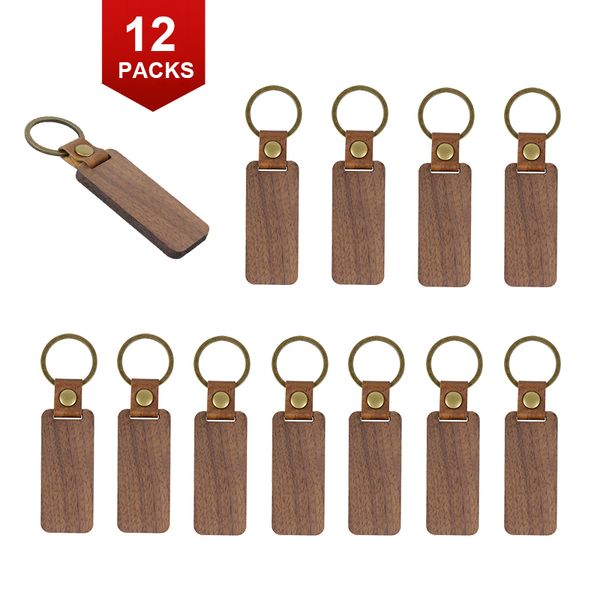 12 conjuntos de encantos de chaveiro de carro tiras de testa de madeira de couro keychains de couro de madeira de metal anel em branco em branco Wood Wood PeoMocional Business Gifts Bagage Tag