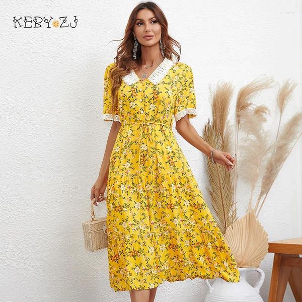 Partykleider Keby ZJ Sommer süßes Mädchen elegante weibliche Druck V-Ausschnitt gelbe Kurzarm Kurzarm Casual Long Kleid Frauen Kleidung