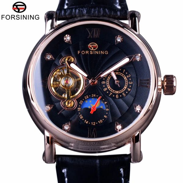 Relógios Forsining Moda Hands Luminous Men Rose Golden Watches Top Brand Tourbillion Diamond Display Mechanical Watch Mechanical Watch