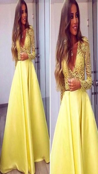 Eleganti abiti da sera a maniche lunghe Dubai giallo Abaya che si tuffano a V Abiti in pizzo da sera Abiti da ballo Murad Murad BA1572890