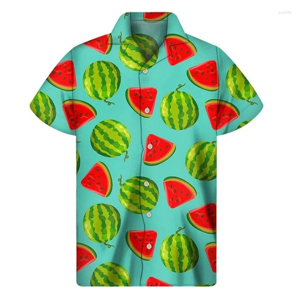 Camisas casuais masculinas Tropical Watermelon Graphic Hawaiian Mens Shirt Street Mangas curtas de frutas estampadas 3D Button Men Roupas Blusa da lapela