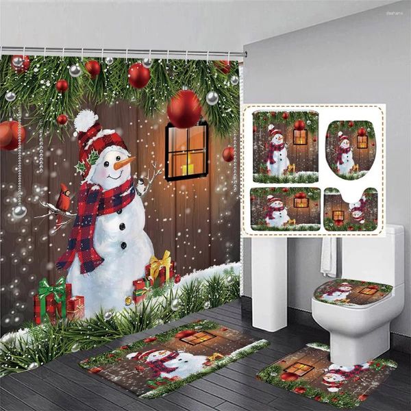 Cortinas de chuveiro de natal boneco de neve cortina conjunto de inverno bolas de natal ramificações de pinheiros de neve decoração decoração banheiro tapetes tampa do banheiro