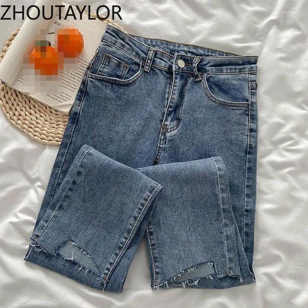 Jeans femininos Zhoutaylor Mulher Office Lady Fashion High Pands Femme Sweet Sweet Spring French Style Retro Troushers feminino