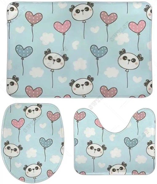 Badmatten Kawaii niedliche Cartoontiere Panda Gesicht und Ballon Badezimmer Teppichsets 3 -teilige nicht schlupfe absorbierende weiche