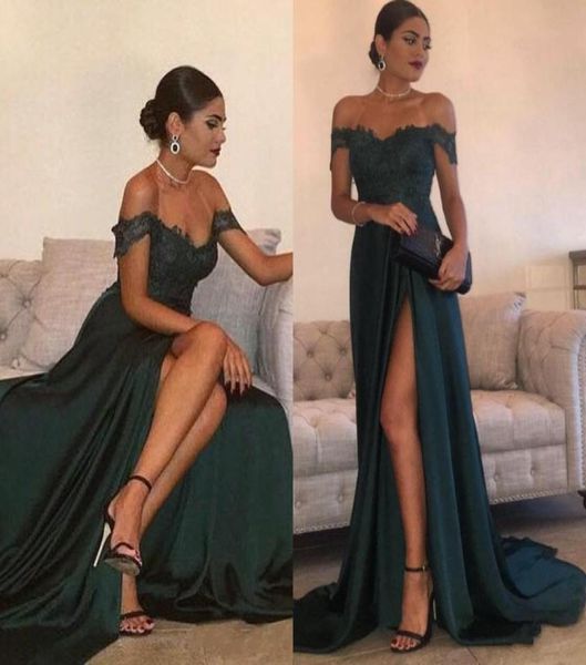 2019 Abendkleider Aline Hunter Green Green High Split Cutout Side Sace Spitze Sex sexy Off Schulter formelle Partykleid Prom Kleider9439153