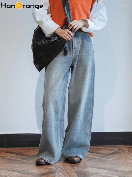 Jeans femininos Hanorange 2024 Spring Vintage Washed Moda High Wide Leg Women Women Loose Casual Pants Blue Blue