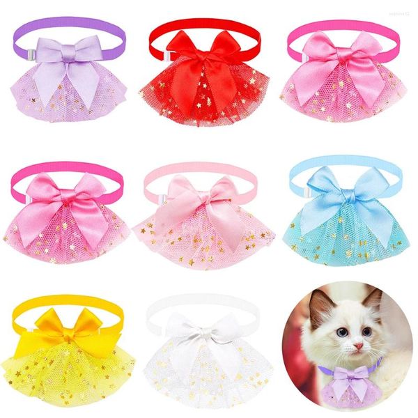 Köpek kıyafetleri 50pcs iplik bowties yaylar dantel aksesuarları ile küçük kedi malzemeleri için payet ayarlanabilir yakalı giyinme parti