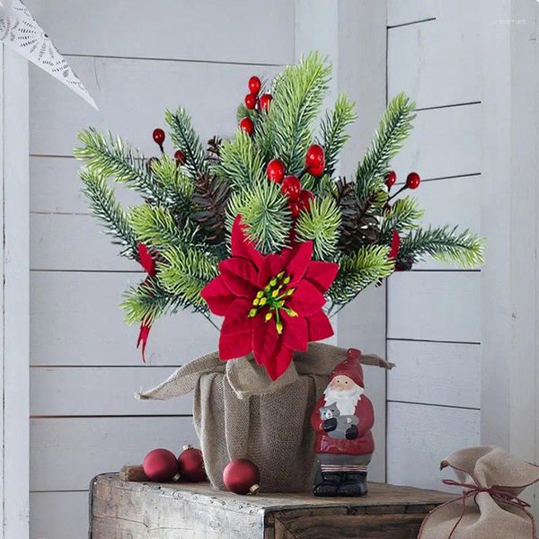 Dekorative Blumen 32 cm Künstliche Pflanzen Weihnachtsdekoration gefälschter Kiefernbaumzweige mit roten Blumenblattblättern Weihnachtsfeier