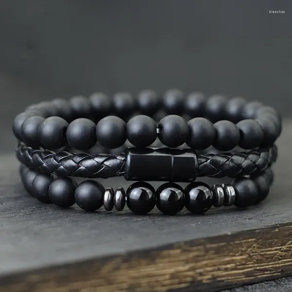 Bracelets de charme Noter 3pcs Men Bracelet Conjunto de 8mm de 8mm de Onyx Tiger Eyes Stone Braclet Homme Com fecho de couro Magentic Braslet Pulsera Hombre