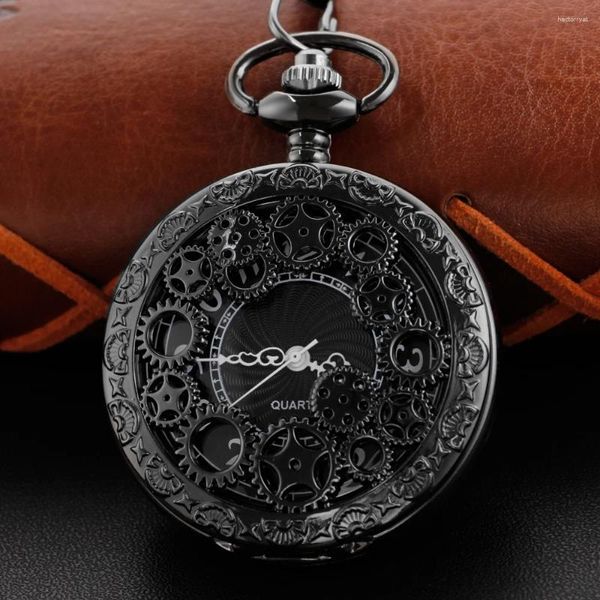 Карманные часы Черный изысканный колье из изысканного снаряжения Quartz Watch Steempunk старая модная подвесная подвеска WP4051