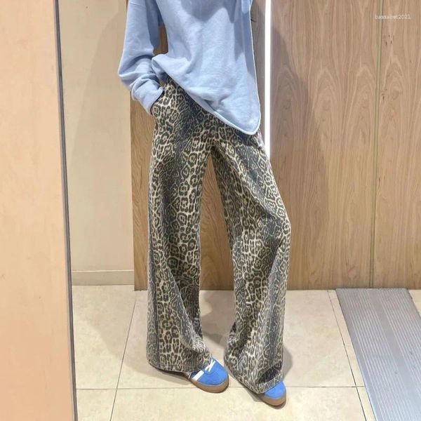 Jeans femminile leopard chic gamba in alto in alto in giro per la gamba dritta da donna abbigliamento Y2K Fashion Street largo pantaloni retrò