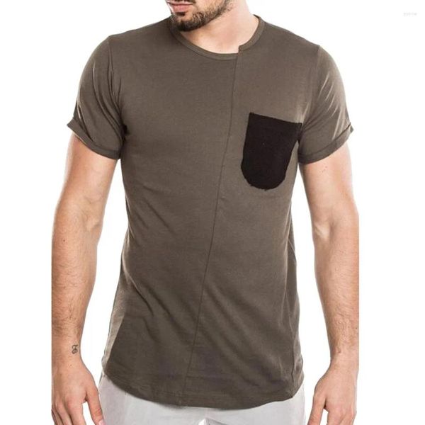 Camisas casuais masculinas verão simples de cor pura com bolso de manga curta