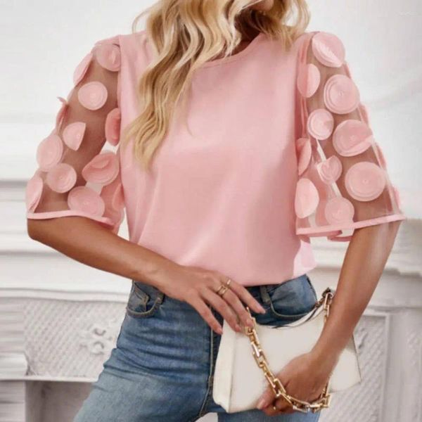 Frauenblusen Solid Color Bluse Stilvoller Blumendruck Casual T-Shirt Lose Fit O-Neck halb Ärmeln Top Trendy Streetwear für den Sommer