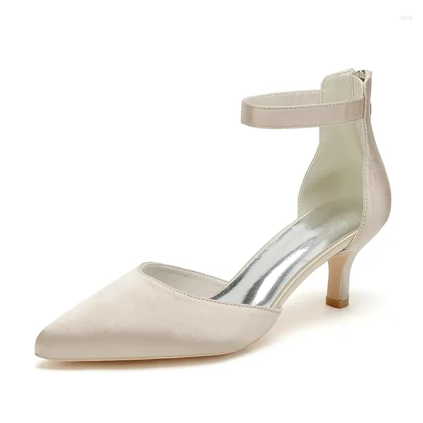 Kleiderschuhe Hochzeit für Braut Kätzchen Fersen Satin Brautheels spitzer Zehen -Knöchelgurt Reißverschluss Rücken Abend formelle Party Anderpumpen