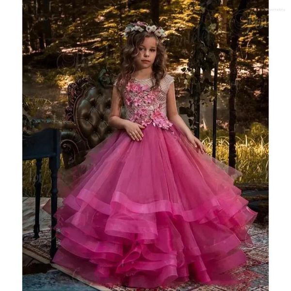 Vestidos de menina Saias em camadas Flores rosa para casamentos 3D Floral Apliques