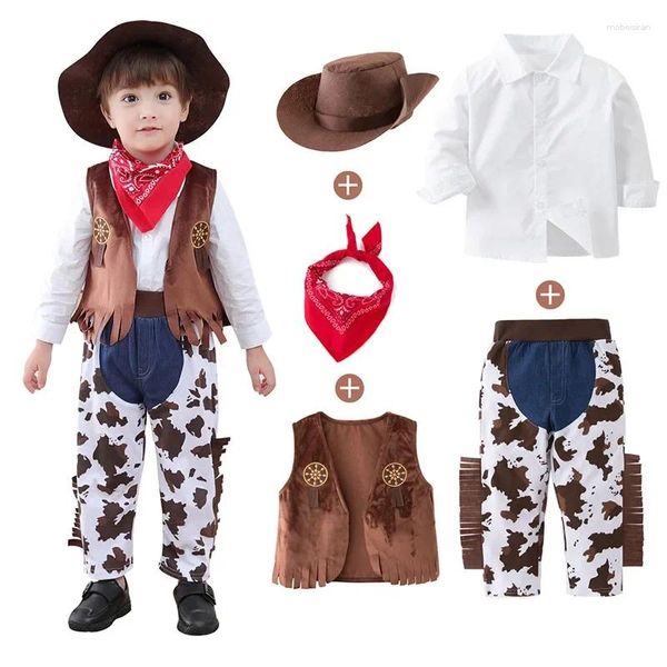 Roupas conjuntos de 5pcs criança bebê menino menina roupas carnaval vestido sofisticado fantasia figurina cowboy roupas calças lenço de chapéu