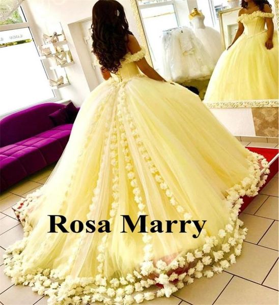 2019 sarı balo elbisesi quinceanera elbiseler 3d el yapımı çiçekler omuzdan tatlı 16 artı boyutu prenses tül ucuz masquerade pro1855979