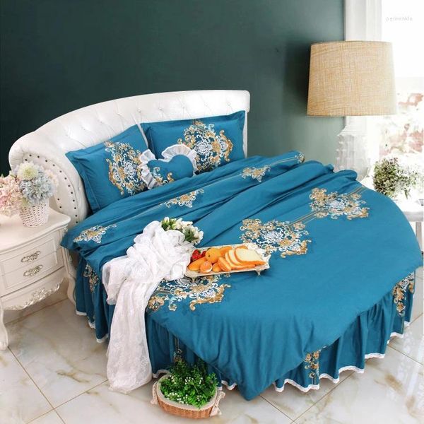 Set di biancheria da letto a blu scuro design a corona jacquard design rotondo copripiumino cover fizzotta da letto da letto 4pcs super king size cotone angolo di cotone puro