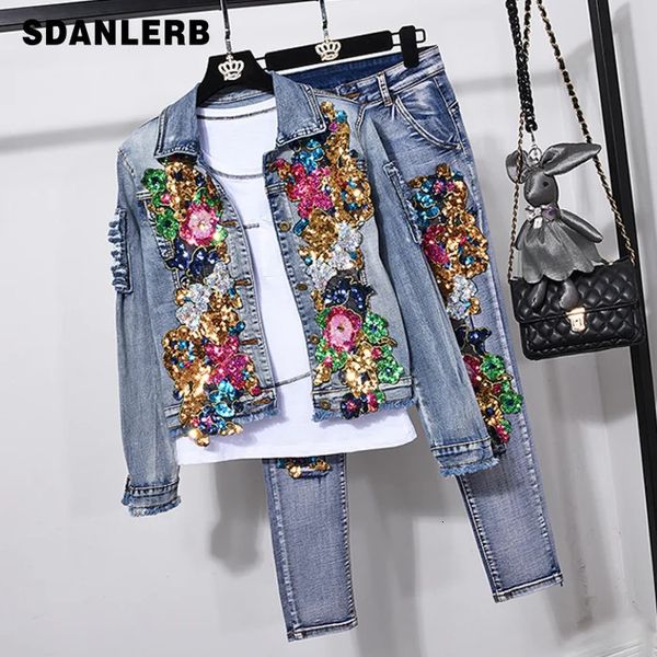 European Style Denim Anzug Mode Outfit Frauen Blume PEPAGE DENIM Jacke Kurzjacke Jeans Hose Zweiteiler weiblich 240325