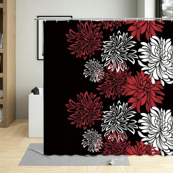 Cortinas de chuveiro abstrato fundo floral moda moda preta cortina de padrão sem costura lindo vermelho branco flores criativas banheiro