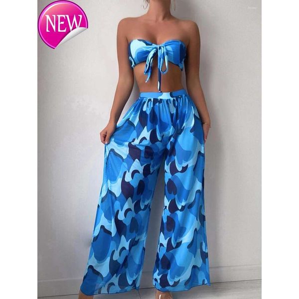 2024 Novo designer de moda atacado moda de banho sexy feminino 3pcs amarre biquíni frontal biquíni feminino triângulo feminino maiô impresso com calça de praia sexy padde