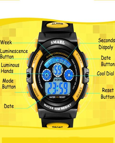 2020 SMAEL KINDERS Uhren Jungen Quarz Armbanduhren Schüler Sport Uhren 50m wasserdichte Wecker 0508 Kinder Uhren LED DIGITA3902181