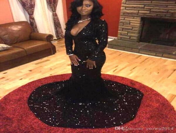 Manga longa preto Sereia Sereia Prom Vestidos de Bling Ligentes Mergulhando V Neck Court Trem African Formal Dallens Women Custom MA9520841