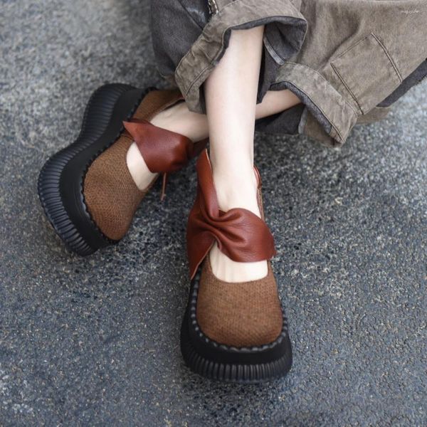 Обувь для обуви Artmu Оригинальная платформа женщин высокие каблуки Bow Retro Pumps Истеночные кожаные клинья для Мэри Джейн 7 см.