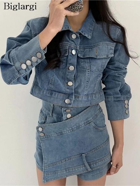 Arbeitskleider Denim Spring 2 zweisteuelige Frauen Lose Langarm Korean Damen geschnittene Mäntel hohe Taillenkörpermodis Frau Minirock