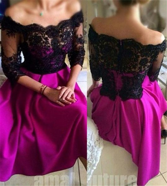 Aus der schulter schwarzen und lila Aline 34 Ärmel Prom -Kleid Illusion Rücken mattes Satin Abendkleid Vestidos Cortos de fiesta2513901