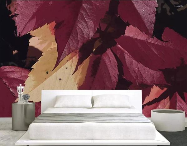 Sfondi CJSIR Custom PO Wallpaper Murale Foglie rosse Murale in stile acquerello Nordic Minimalista TV Sfondo per decori del soggiorno