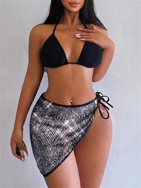 Salia de lantejoulas brilhantes de roupas de banho feminina Bikinis Sets Women Halter Push Up Capa Satimsuit preto Tanking tanga BIQUINI 2024