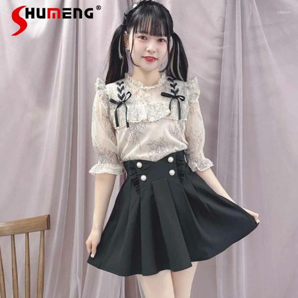 Bloups feminina japonesa lolita blusa mulher 2024 verão mina doce menina de renda de renda de manga curta camisa de recorte camisas de trapaceira para mulheres