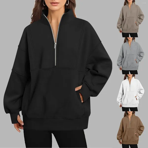 Kadın Hoodies Womens v Boyun Uzun Kollu Katı Sweatshirt Sıradan Sevimli Üst Gevşek Moda Bulanık Zip Hoodie