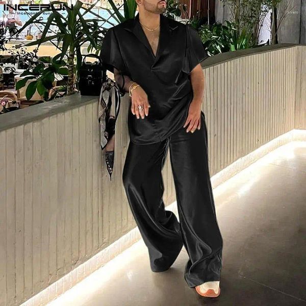 Herren Trailsuits Incerun Männer setzt einfarbige Satin -Revers -Hemd -Hemd mit kurzem Ärmel zwei Stück Streetwear 2024 Mode Casual Suits