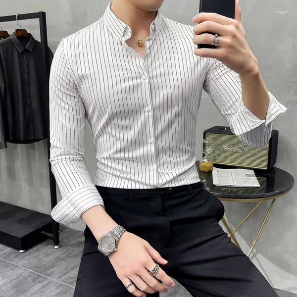 Camisas casuais masculinas camisa listrada masculina mola de estilo britânico de manga longa de vestido anti-rugas de manga longa