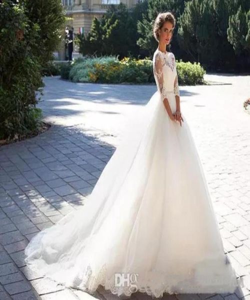 2018 modestos vestidos de noiva de renda vintage com mangas meio compridas pérolas de tule branco vestidos de bola de casamento barato vestidos 7803513