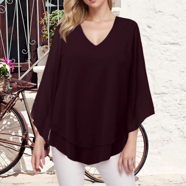 Bloups feminina blusa elegante 3/4 de túnica camisa de túnica dupla camada v malha de pescoço solto com mangas de sino verão 2024