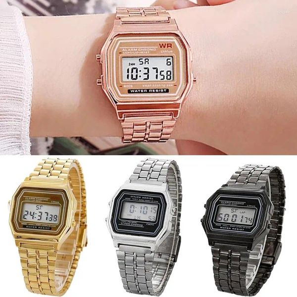 Armbanduhr F91W Stahlband Uhr Vintage Metallgurt Digitale LED -Display Armbanduhr Elektronische Uhr Klappstift Schnalle Watchband Armband
