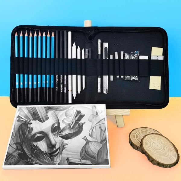 Matite per matite 28pcs disegno matita set di legno kit di strumenti a matita artista borse a matite per matite a carbone grafite gomma si cancellano studenti forniture artistiche