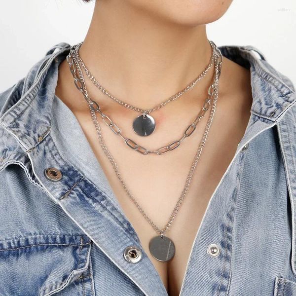 Colares pendentes boho vintage placa de prata punk grossa colar de lantejoulas redondas para mulheres geometria de geometria multicamada joias