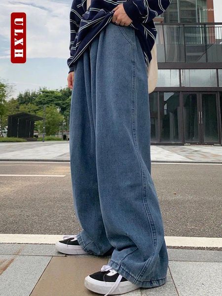 Frauen Jeans Ulxh High Street Women 2024 Retro Straight Baggy Freund für übergroßes Elastic Band Denimhose Tailled Tailled